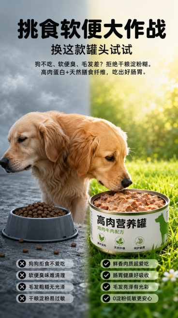 [痛点对比屏] 本屏功能定义：宠物罐头痛点直击对比卖点屏。
[氛围/风格] 痛点对比营销风，真实宠物生活场景感，商业摄影质感，左右明暗对比强烈突出产品优势。
[元素布局] 全画面9:16竖版，采用左右预览效果
