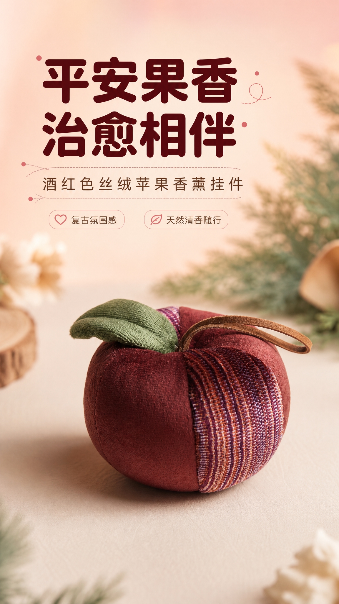 [商品] 使用【图1】酒红色丝绒苹果香薰挂件；保留饱满圆润苹果… - 图片创意预览