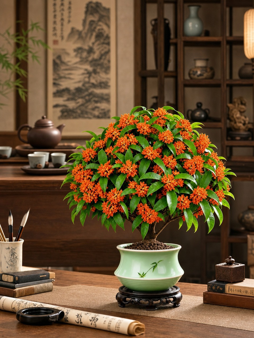 将背景更换为雅致的中式茶室场景，背景中可见木质茶桌、紫砂壶、茶… - 图片创意预览