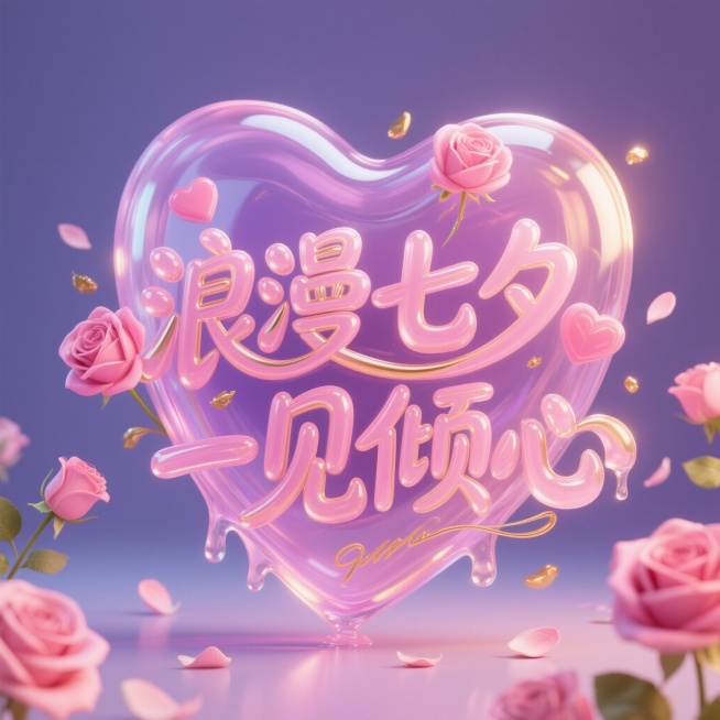 "浪漫七夕 一见倾心"，大字风与液态风结合的3D艺术字，手写线条流畅，玫瑰花瓣融入笔画，梦幻甜美感，粉紫渐变背景，金色光效点缀，周围环绕粉色玫瑰花朵和散落花瓣，营造浓情浪漫氛围预览效果