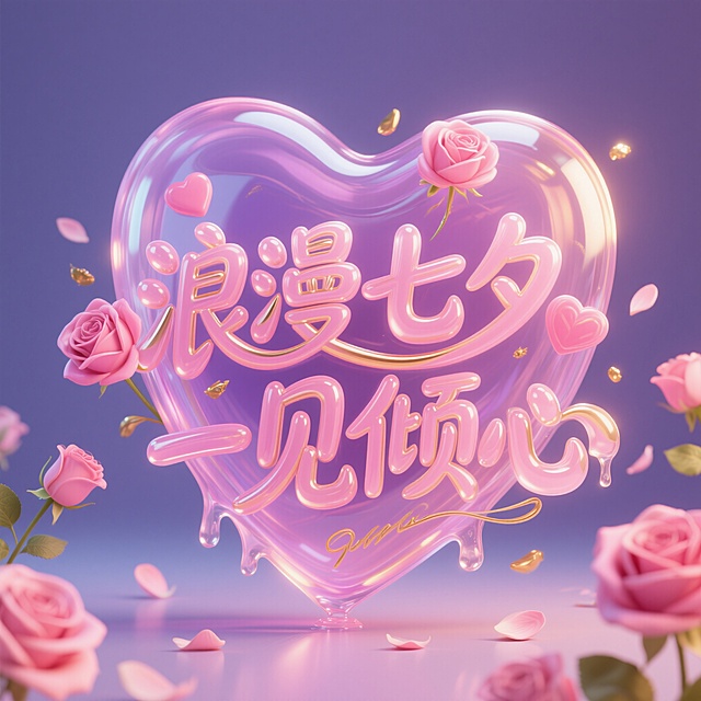 浪漫七夕，软3D风设计，液态心形包裹玫瑰，梦幻甜美，节日氛围浓郁。