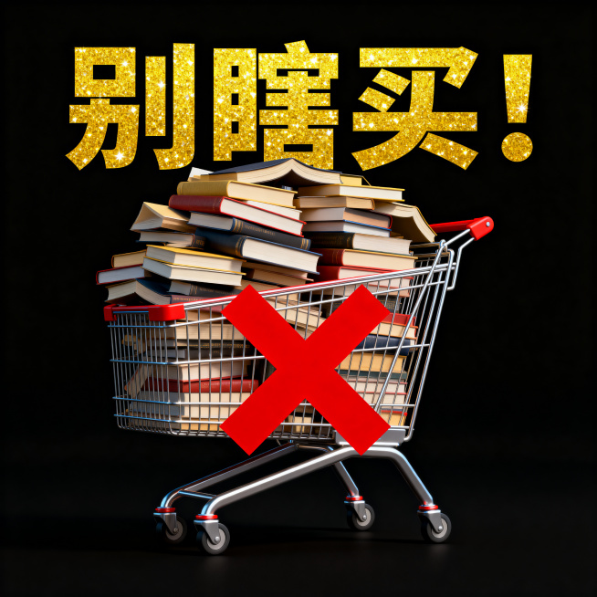 极具冲击力的字体海报设计，纯黑色背景，正中央醒目地印着超粗体、闪闪发光的黄色中文"别瞎买！"，文字下方是一个堆满凌乱书籍的3D超市购物车，上面画着一个巨大的鲜红色"X"，极简主义，极高对比度，强烈的视预览效果