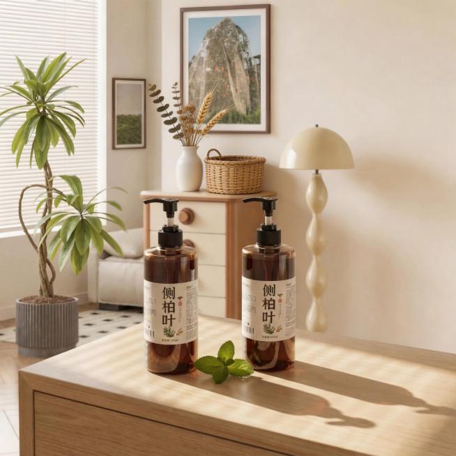 参考原图风格生成洗护产品摆拍图，保持瓶身结构和原有文字不变。两瓶产品放置在橡木洗手台，背景搭配干花装饰和藤编筐，北欧自然风，阳光从侧边窗户射入形成柔和光斑。整体治愈温馨，通透干净。负向提示词：瓶身变形预览效果