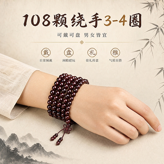 [主图3] 佩戴展示图：展示108颗绕手3-4圈的真实佩戴效果，强调可戴可盘与男女通用。
[统一基调] 暖米白宣纸背景，左下方淡水墨山影、右侧细竹影，顶部大面积留白；标题用深檀棕书法字体，强调词用金铜色，辅助说明用深灰细体；细金线分隔与圆形印章式小图标，整体国风雅致、高级克制，全套光影与版式风格统一。
[画面] 东方成年女性手模（干净素手、无其他首饰）手腕佩戴珠串绕手三圈半，手掌自然放松搭在暖米白宣纸桌面上，手指微微弯曲露出腕间珠串层叠效果；珠串贴合腕部自然堆叠，结构真实不悬浮，背景延续淡水墨山影与竹影，产品占比约70%。
[光影质感] 柔光箱自然光，珠面温润反光，手腕与纸面接触处有柔和阴影，肤色自然不发灰。
[配色] 沿用组内统一色系，环境保持米白浅色，突出深红珠串。
[文字版式] 顶部留白放主标题“108颗 绕手3-4圈”深檀棕书法体，下方小号“可戴可盘 男女皆宜”深灰细体，标题不压手部，横排、无标点。
[输出要求] 1:1方形构图，手腕结构自然、珠串清晰；负向：畸形手、多余手指、肢体穿模、珠串断裂、错字、模糊、水印、平台Logo、非东方人群。