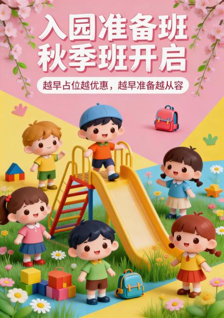 将海报主标题改为文艺字体，背景加入春天的绿植、花卉等美好植物氛围，保留原有卡通儿童和滑梯等元素，保留文字内容：主标题"入园准备班秋季班开启"、副标题"越早占位越优惠，越早准备越从容"，整体保持童趣温馨预览效果