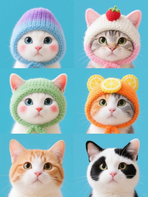 六个不同品种、不同风格的可爱猫咪，每只佩戴造型独特的手工针织帽子，分别采用蓝紫渐变、粉白草莓、抹茶绿、橙黄柠檬、灰蓝渐变、黑白奶牛配色方案，均以纯色背景拍摄，画面整体色彩明快活泼，猫咪面部表情呆萌可爱，耳朵和脸颊带有自然红晕，眼神清澈明亮，采用规整的2x3网格排布，保持一致的柔和光影和细腻质感，风格统一又各具特色。预览效果