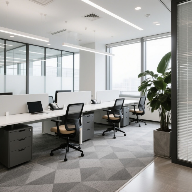 现代简约风格的办公室环境，开放式办公区布局，浅灰色与白色为主的中性色调，大面积落地玻璃窗引入明亮自然光，搭配白色条形吊灯和嵌入式筒灯提供均匀照明，灰色几何图案地毯覆盖地面，白色办公桌配深灰抽屉柜，黑色预览效果