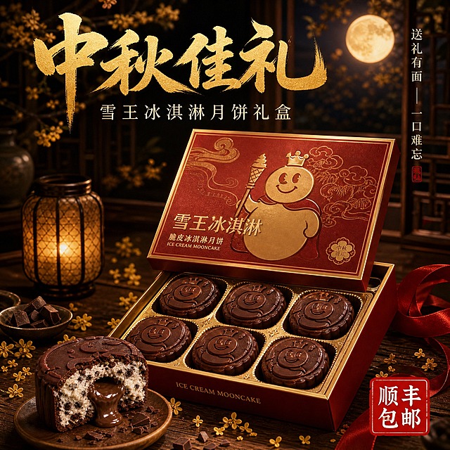 [主图-2] 核心亮点 中秋送礼礼盒展示 突出礼赠价值。
[统一基调] 暖金深棕色调 中秋夜氛围 商业美食摄影质感 主标题金色粗体书法字 辅助文案米白色细黑体 强调字朱红印章样式 整体高级有食欲 满版无边框构图。
[画面] 画面中央偏右放置精美的中秋月饼礼盒 礼盒为深红烫金配色 盒盖半开 里面整齐排列多枚巧克力脆皮冰淇淋月饼 每枚表面有雪王浮雕花纹 礼盒旁摆放1枚被切开的月饼展示爆浆流心切面 流心缓缓流出 礼盒周围散落金色桂花 红丝带 小灯笼装饰 背景为中式书房案几 远处有朦胧的圆月与桂花树枝影 营造浓厚的中秋送礼氛围 产品与礼盒共占画面约60%。
[光影质感] 暖金色侧逆光 礼盒烫金部分有精致高光 月饼脆皮油亮 流心部分反光强烈 桌面有柔和投影 整体温暖华贵 礼盒质感高级 商业产品摄影级。
[配色] 主色深红与暖金 背景深棕木色 点缀金黄桂花与满月 文字金色为主 辅助米白 强调朱红 整体华贵喜庆。
[文字版式] 画面上方横排主标题金色粗书法字"中秋佳礼" 下方米白色细黑体"雪王冰淇淋月饼礼盒"。右侧竖排小字"送礼有面 一口难忘"。右下角朱红印章"顺丰包邮"白色字。文字放在上下负空间 不遮挡礼盒主体。
[输出要求] 1:1正方形 2048x2048 文字清晰可读 礼盒与产品清晰 无变形 无错字 无水印 无平台Logo。
