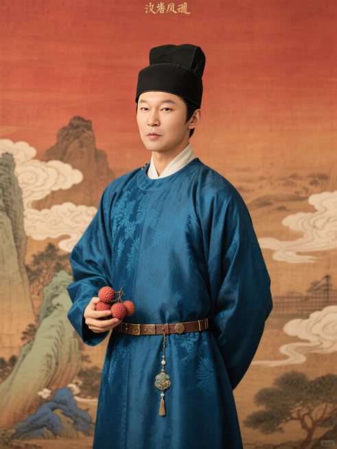 人物身穿唐代蓝色圆领袍，头戴黑色幞头，腰系革带配挂饰，手持荔枝相关物件；画面风格：古风影视海报质感，暖棕红渐变背景，融入山水云纹，色调古朴典雅，有传统工笔渲染韵味；细节强调：服饰纹理（丝绸暗纹）预览效果