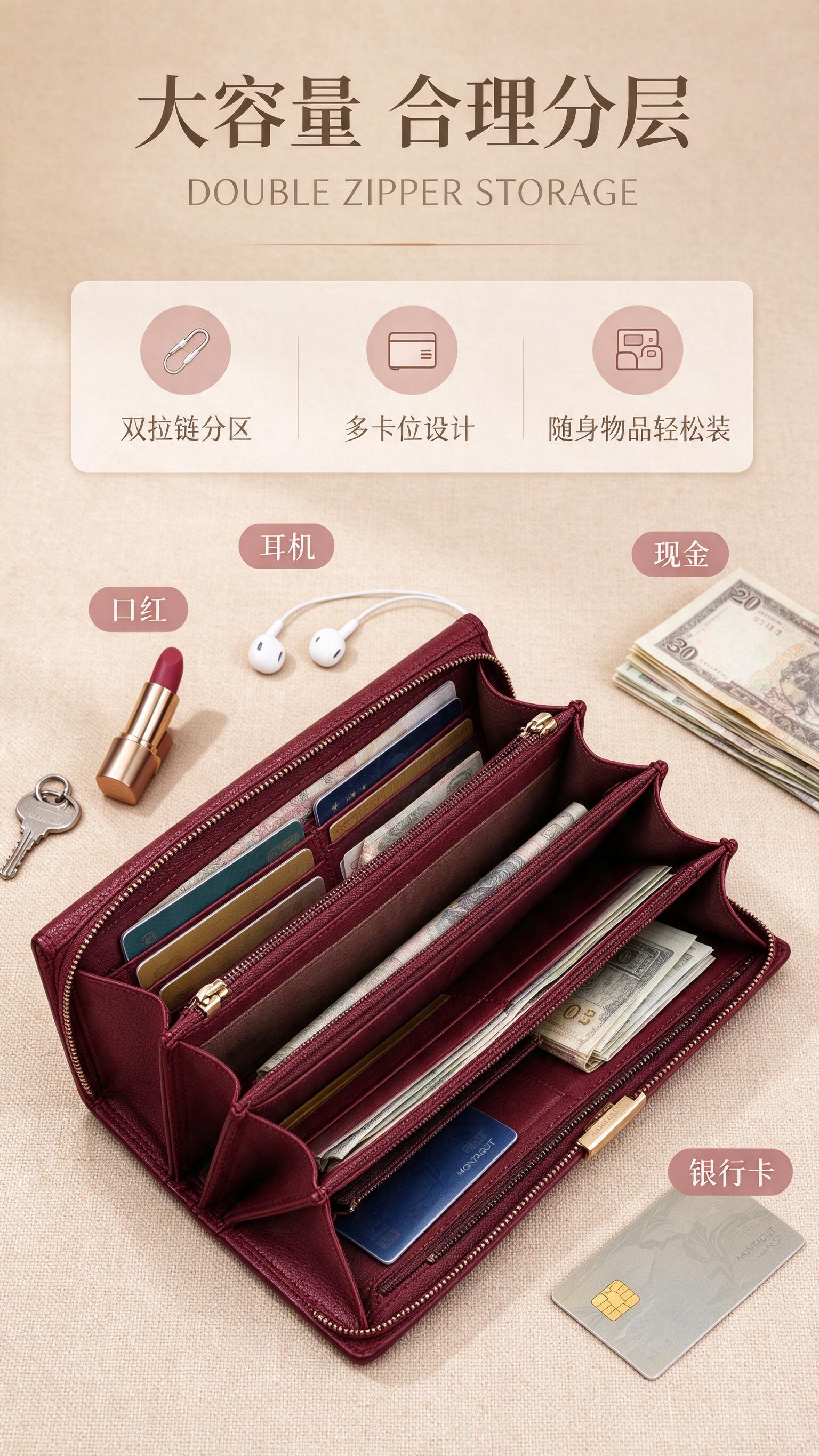 [商品] 使用【图2】酒红色搭扣钱包，展示打开状态内部；保留双… - 图片创意预览