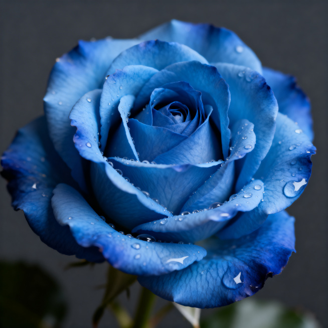 一朵绽放的蓝色玫瑰花，花瓣层次分明，带有晶莹的露水，放置在深灰色的背景上，柔焦光影，微距摄影，质感细腻，高级氛围感预览效果