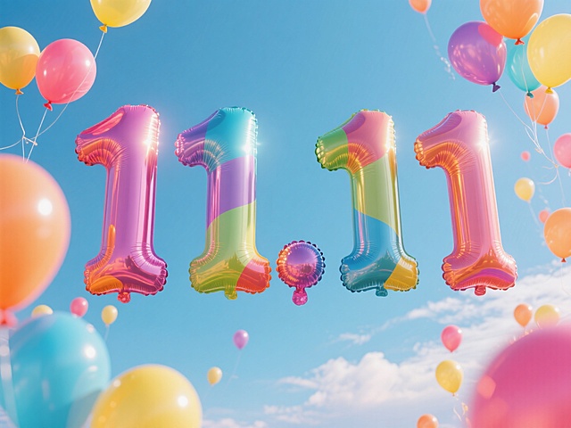 3D充气风数字气球悬浮蓝天，彩虹渐变色搭配梦幻光影，波普艺术风格呈现喜庆清透感，双十一节日氛围跃然眼前。