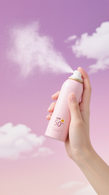 一只纤细白皙的手正握持着一瓶防晒霜喷雾，喷雾口向上喷出细腻的白色雾状防晒剂，悬浮在空气中，画面采用渐变的粉紫色天空为背景，点缀着少量轻盈的白色云朵，瓶身整体为淡粉色，瓶身上有“SPF 50”的防晒指数标识，整体构图突出产品，光影明亮柔和，营造出清新、浪漫、防晒护肤的氛围，具有化妆品广告的视觉美感和产品展示效果。预览效果