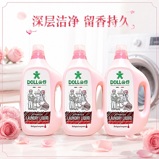 [主图-2]公仔牌乌木玫瑰洗衣液三瓶排列主图，三瓶整齐排列成一排，画面背景是浅色洗衣场景，隐约带有洗衣机轮廓和新鲜玫瑰花点缀，四周带有简洁浅色边框，氛围清新干净，商业摄影质感、光线明亮通透、产品清晰真实、画面干净高级，保持洗衣液外观物理结构、材质质感、粉色瓶身颜色与输入产品图绝对一致，杜绝任何变形和色差，精细化处理，商品主体占比严格控制在70%左右，光影柔和明亮，主光从正面打亮产品，背景柔和虚化，主色调为粉色+白色+玫瑰红，搭配绿色品牌Logo点缀，平视视角构图居中，文字"深层洁净 留香持久"放置在顶部留白区域，清晰可读，文字不遮挡产品，1:1比例，文字清晰可辨，超高清商业摄影质感，负向提示词：变形，文字错乱，产品图模糊，背景杂乱，水印，电商平台Logo