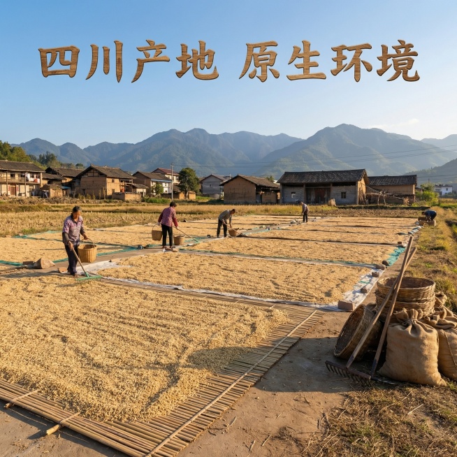 [主图主题] 川麦冬产地环境展示主图
[氛围/风格] 自然乡村户外风格，真实原生态氛围
[画面元素] 乡村开阔户外场地，大片川麦冬均匀摊铺晾晒，远处可见乡村民居和远山，农户工具放在角落，阳光充足，呈现预览效果