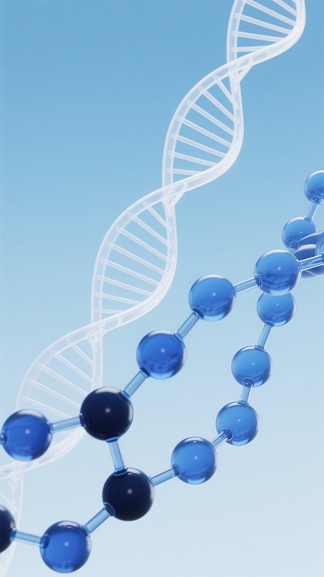 浅蓝色渐变背景，顶部至底部由浅至深的平滑过渡，营造出宁静、科技感与专业的氛围。画面中包含多个半透明的蓝色分子结构，由大小不一的球体通过线条连接组成，球体具有高光和阴影效果，呈现出3D立体质感，部分分子结构位于画面底部，球体颜色较深且立体感更强，部分位于顶部，颜色较浅且透明度更高。白色的DNA双螺旋结构以线条勾勒，贯穿于分子结构之间，其中一条主要的DNA链位于画面下方，与深色分子结构交织，另一条较细的DNA链位于画面上方，与浅色分子结构相伴。整体构图简洁大方，留白充足，视觉元素分布均衡，呈现出科学、医学、生物科技相关的专业设计感。