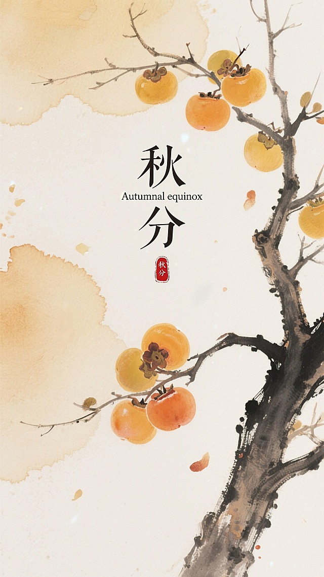 秋分海报，右侧有柿子树，背晕染水彩风格，创意晕染，禅意氛围，标题为极细字体“秋分”+英文“Autumnal equinox”，居中排布，红色小印章点缀，东方美学
