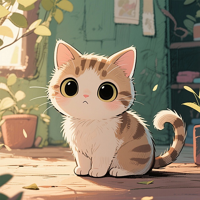 生产一个可爱小猫动漫风格的，转为手绘风