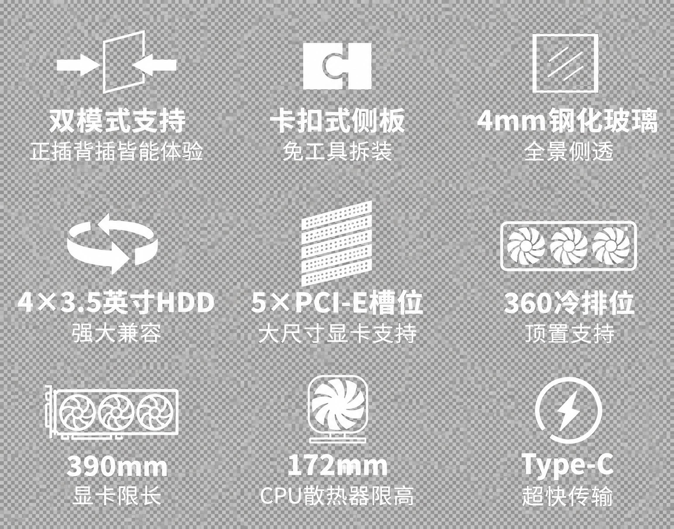 提取图中所有9个白色线性图标（双模式支持、卡扣式侧板、4mm钢… - 图片创意预览