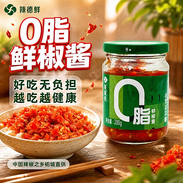 将图中米饭上的辣椒酱以及右下角的整根红辣椒，全部替换为右图中白色小碟子里的剁椒样式——鲜红色切碎辣椒丁，带辣椒籽和浅橙色汤汁，颗粒分明的鲜剁椒质感。保持原图的构图、文字、产品罐、碗、筷子、背景、光影、品牌Logo和所有文案完全不变。只替换辣椒/辣椒酱的外观，使其与右图小碟中的剁椒外观100%一致。