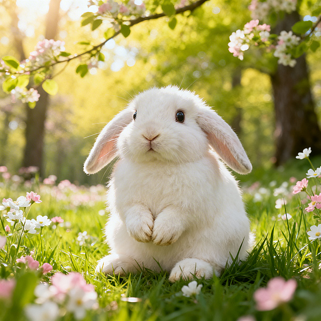 一只毛茸茸的可爱白色兔子，坐在绿色草地上，春日阳光明媚，背景是开满小花的森林，风格清新自然，画面治愈温馨