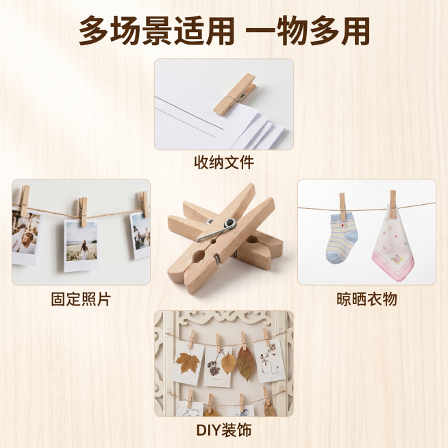 [主图 2] 木质收纳夹多核心功能展示图。
[氛围风格] 简约自然清新日式家居风，和首图风格光影统一。
[画质] 商业摄影质感、光线柔和通透、产品清晰真实、画面干净高级。
[元素] 木质收纳夹居中展示预览效果