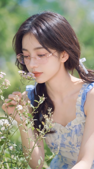 生成9:16比例的女主半身照，修改姿势为女主低头轻闻身旁花朵，保持温柔灵动的气质，保留女主脸上的玫金浅粉色无框眼镜，所有眼镜细节不变，保留女主发型服饰和户外绿色背景预览效果