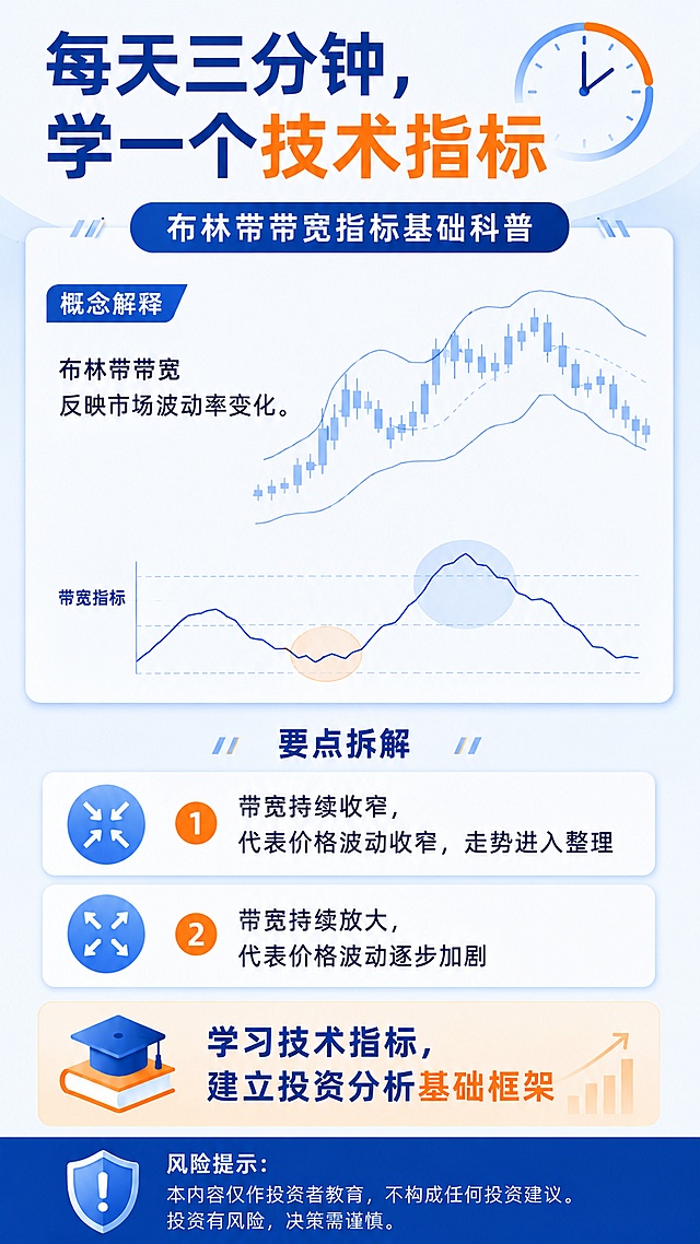 生成一张9:16竖版金融投教知识卡片海报，延续参考图的风格，纯净无水印、无手机状态栏、无边框。
主题：布林带带宽指标基础科普
视觉流派：扁平科普
标题："每天三分钟，学一个技术指标"
概念解释：布林带带宽反映市场波动率变化。
要点拆解：
1. "带宽持续收窄，代表价格波动收窄，走势进入整理"
2. "带宽持续放大，代表价格波动逐步加剧"
行动提醒：学习技术指标，建立投资分析基础框架
画面结构：顶部标题，中部解释，下方要点卡片，底部风险提示。
视觉要求：模块清晰、图标克制、中文可读、信息不堆叠，配色使用金融蓝搭配浅橙辅助色，延续参考图的排版风格。
合规要求：不出现收益承诺、产品推荐、买卖指令、个性化投资建议。
风险提示："本内容仅作投资者教育，不构成任何投资建议。投资有风险，决策需谨慎。"