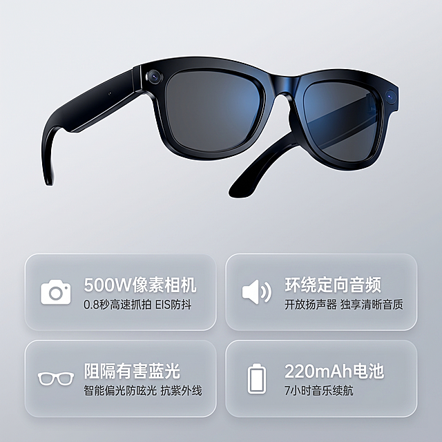 [主图 2] 智能AI眼镜核心功能亮点展示图。
[氛围风格] 统一科技冷感，简约高级
[画质] C4D Octane物理级超写实商业产品渲染，质感真实细腻，产品清晰锋利，画面干净通透高级
[元素] 黑色智能AI眼镜主体斜置展示在上方偏左位置，保持产品外观结构、材质颜色与输入产品图绝对一致，无变形色差。下方区域采用UI分区栅格风格，排布四个功能亮点卡片，卡片为圆角浅灰半透明设计，每个卡片包含图标+名称+短说明：
1.  📷 500W像素相机 0.8秒高速抓拍 EIS防抖
2.  🔊 环绕定向音频 开放扬声器 独享清晰音质
3.  👓 阻隔有害蓝光 智能偏光防眩光 抗紫外线
4.  🔋 220mAh电池 7小时音乐续航
商品主体占比约60%，整体满屏无边框，画面干净不拥挤。
[光影] 左侧冷调主光，右侧环境补光，高光突出边缘轮廓，整体通透清晰，对比干净。
[配色] 主色雅黑，背景浅灰，卡片半透深灰，文字黑白对比清晰。
[视角构图] 主体上斜放，下方卡片阵列整齐，层次分明，留白充足。
[文字版式] 每个卡片内标题加粗，说明文字小号，深底白字对比强烈，信息层级清晰易读，无遮挡主体。
[比例分辨率] 1:1比例 2k分辨率 文字清晰 超高清
[负向提示词] 变形 水印 文字错乱 产品模糊 背景杂乱 信息遮挡主体