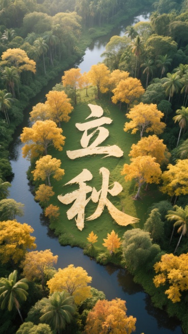 初秋氛围，“立秋书法艺术字” 为树林构成，航拍俯视图视角完整呈现完整文字。四周金色枫叶树绿地、河流，强调自然融合。热带雨林，壮观的景色，视觉感强。预览效果