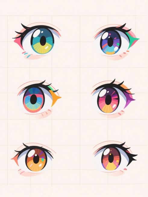 在干净的浅色背景上，以日系动漫风格绘制的6个不同造型与角度的眼睛素材集合，每个眼睛都拥有独特的设计元素、瞳孔形状和鲜艳的配色方案，保持规整的网格状排布，线条流畅且带有手绘感，整体色彩明快活泼，展现出丰富的想象力和角色个性特征，呈现出统一风格下的多样化视觉效果。预览效果