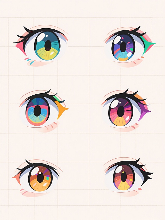 在干净的浅色背景上，以日系动漫风格绘制的6个不同造型与角度的眼睛素材集合，每个眼睛都拥有独特的设计元素、瞳孔形状和鲜艳的配色方案，保持规整的网格状排布，线条流畅且带有手绘感，整体色彩明快活泼，展现出丰富的想象力和角色个性特征，呈现出统一风格下的多样化视觉效果。