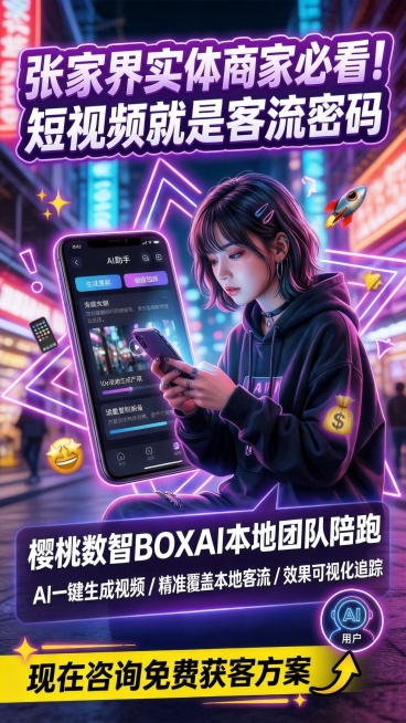 赛博霓虹风格实体商家短视频运营宣传海报，紫粉霓虹发光效果，张家界潮流街景背景，主标题大字：“张家界实体商家必看！短视频就是客流密码”，副标题：“樱桃数智BOXAI本地团队陪跑”，卖点：AI一键生成视频预览效果