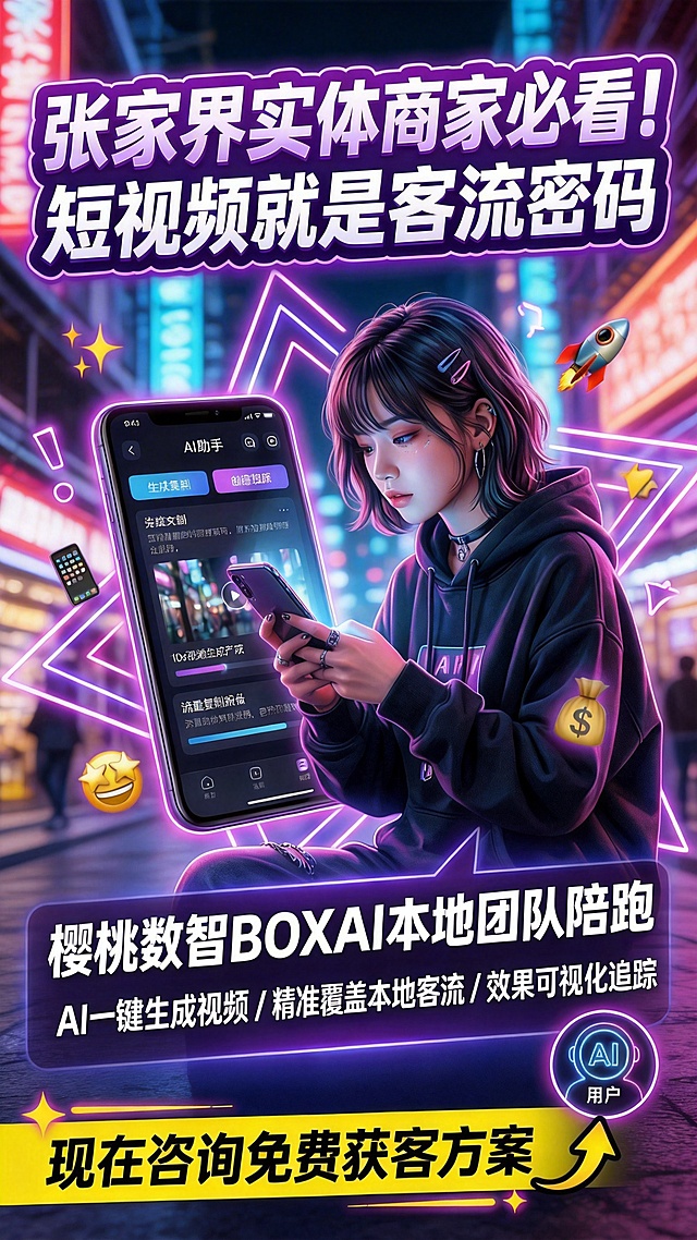 赛博霓虹风格实体商家短视频运营宣传海报，紫粉霓虹发光效果，张家界潮流街景背景，主标题大字：“张家界实体商家必看！短视频就是客流密码”，副标题：“樱桃数智BOXAI本地团队陪跑”，卖点：AI一键生成视频 / 精准覆盖本地客流 / 效果可视化追踪，底部文字：“现在咨询免费获客方案”，文字带霓虹光效，科技感潮流感拉满，排版层次清晰