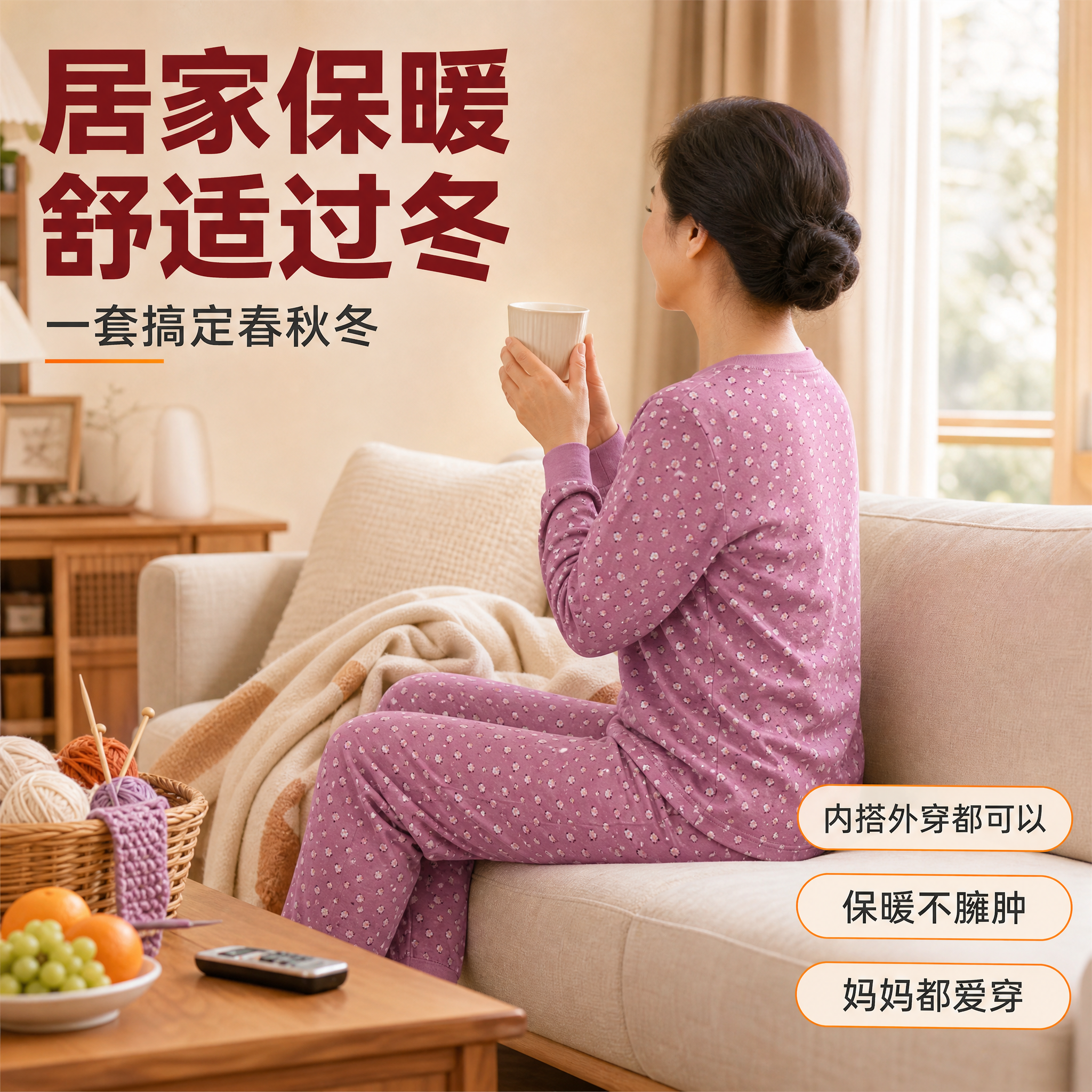 [主图-6] 中老年纯棉套头秋衣套装 紫色碎花款 居家穿着场景… - 图片创意预览