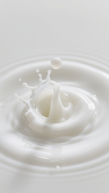 超高清牛奶特写摄影，纯净白色背景，奶滴正坠入乳白液体表面形成完美圆形涟漪，中心水花飞溅形态自然，牛奶质地细腻顺滑具半透明光泽，柔和顶光照射凸显液体流动感与高光层次，画面简洁通透无杂质，展现牛奶的新鲜与纯净质感预览效果