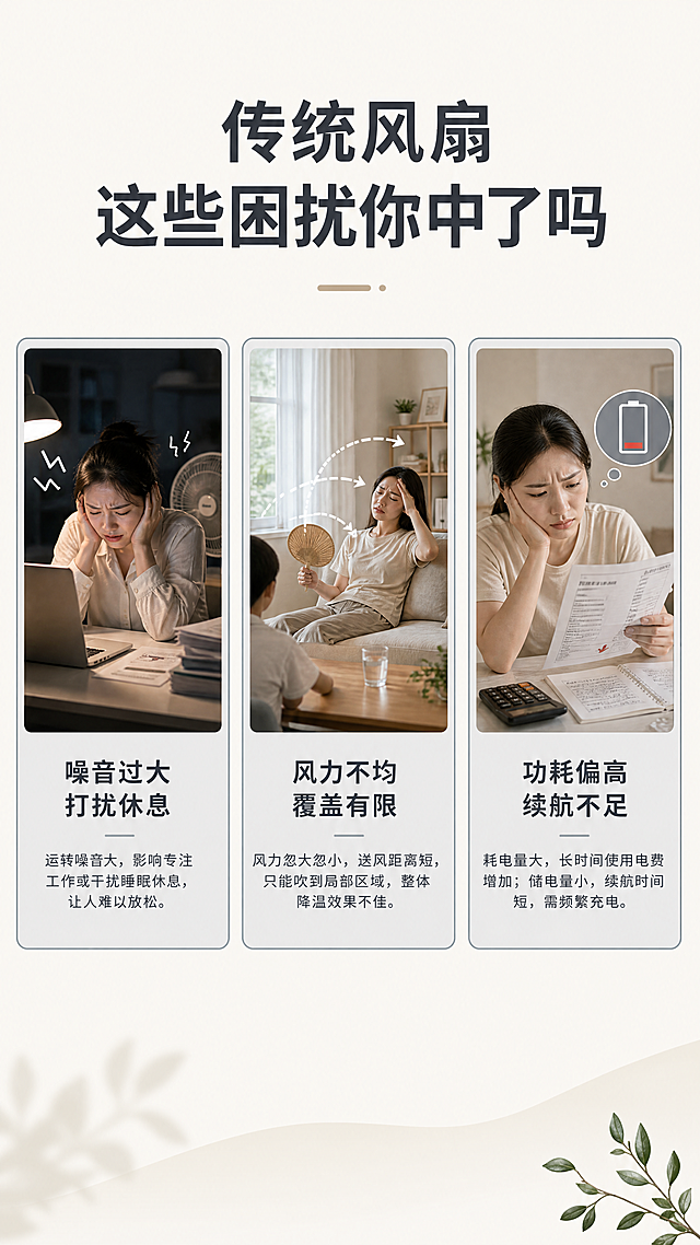 [第2屏] 痛点直击页-梳理传统桌面风扇使用困扰。
[氛围/风格] 简洁生活化痛点表达，浅灰底温馨写实风格，图文排版清晰，情绪共鸣感强，商业设计质感。
[元素布局] 顶部为大标题区，中部为三栏网格卡片布局，每栏展示一个传统风扇典型痛点，底部留白装饰不拥挤。每个痛点卡片搭配对应生活场景简意图，不需要商品主体，左侧卡片展示传统风扇噪音大影响办公休息，中间卡片展示风力小覆盖范围有限，右侧卡片展示传统风扇耗电续航短。每个卡片用浅灰底加深色边框区分，场景图在上痛点文案在下。
[光影质感] 整体光线均匀柔和，卡片明暗区分清晰，文字和配图对比明显，阅读轻松。
[配色色系] 全局底色：#F5F5F0（浅米白）；主体配色：#E8E8E8（卡片底）+ #2C3E50（深灰文字）；辅助色：#95A5A6（浅灰描边）。
[视角构图] 全屏竖向排版，从上到下：大标题→三卡片→底部装饰，层级分明，移动端阅读动线清晰。
[文字版式] 顶部居中主标题「传统风扇 这些困扰你中了吗」，深灰色加粗，字号约为画面宽度6%。三栏卡片分别配标题：1.「噪音过大 打扰休息」2.「风力不均 覆盖有限」3.「功耗偏高 续航不足」，每个标题下方配一行小字补充场景，字号约为主标题30%，文字清晰不拥挤。
[比例分辨率] 9:16 竖版比例，4K超高清分辨率，文字清晰可辨。
[负向提示词] 水印，文字错乱，背景杂乱，极端配色，诱导按钮，虚假信息，商品主体误入。