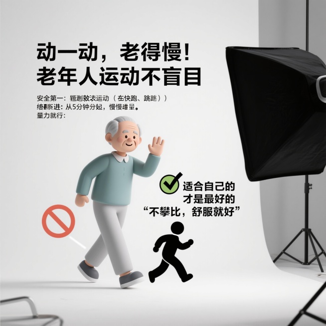 运动篇：延缓衰老的“活力良药”
海报7：《银龄运动“三原则”：安全·循序渐进·量力而行》
标题：
“动一动，老得慢！老年人运动不盲目”
内容：

核心原则：

安全第一：避开剧烈运动（如快跑、跳跃）预览效果