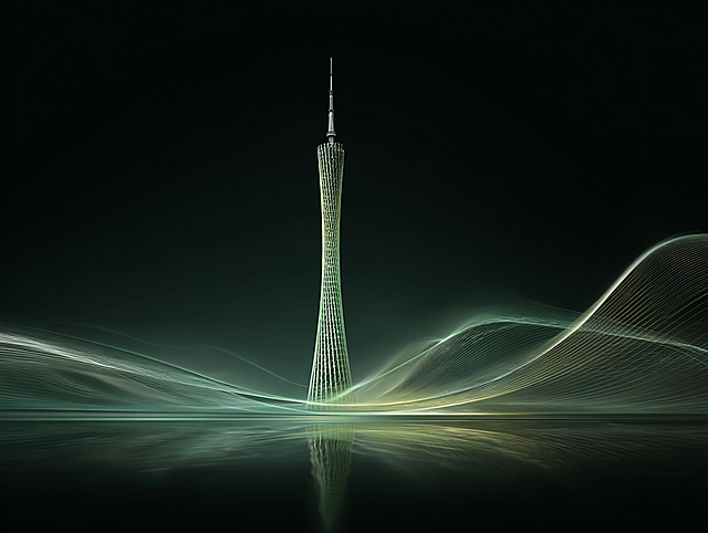 Main visual KV, main color is light green (RGB: 190, 194, 179), decorated with gilt and matte silver, high-grade warm texture. The visual center is a minimalist reconstructed Canton Tower (Xiaomanyao), presented in a twisted wasp waist shape, outlined with green-gold gradient lines, integrated with the fluid lines of Pearl River water waves; strengthen the attribute of Lingnan intangible cultural heritage; embellish with a sense of technology, reflecting the trend and fashion sense. Centered symmetrical composition, soft side light, the overall light and shadow are clean and transparent, no messy shadows, suitable for large posters, 8K ultra HD, rich details, advanced, elegant and pioneering futuristic style --ar 4:3 --style raw