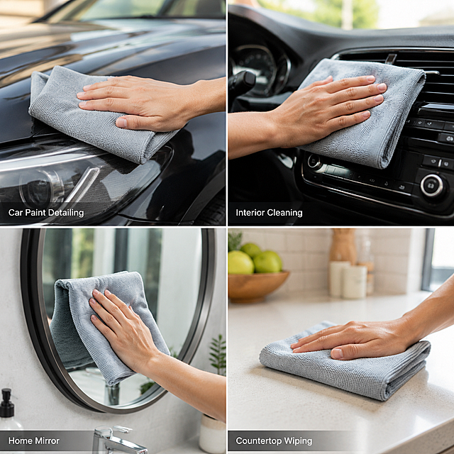 [主图 4] Multi-scenario application display for Microfiber Detailing Towels. [氛围风格] Realistic life scene style, consistent with overall tone. [画质] Commercial photography texture, f/2.8 soft depth of field, realistic photo, no distortion, super high definition, 2K resolution. [elements] 4-grid composition, each grid shows a different application scenario: 1. Car exterior paint wiping, 2. Car interior cleaning, 3. Home mirror wiping, 4. Kitchen countertop wiping; the towel in each scene maintains the same appearance as the input product, the picture is uniformly lit, full screen without border, clear scene hierarchy. [光影] Natural soft light in each scene, consistent light direction, uniform penetration, soft shadow, realistic scene atmosphere. [配色] Main color is light natural tone, product blue and gray echo the overall color matching, high texture, clean and comfortable. [视角构图] 2x2 grid layout, each scene is a complete small picture, soft depth of field for each scene, unified style. [文字版式] Each grid is marked with a simple text description at the bottom left: 1. "Car Paint Detailing", 2. "Interior Cleaning", 3. "Home Mirror", 4. "Countertop Wiping", small clean font, all English, does not block the main scene, clear and readable. [比例分辨率] 1:1 ratio, 2048x2048 resolution, 2K, text clear and recognizable, super HD. [负向提示词] Deformation, watermark, text confusion, blurred product picture, messy background, Chinese characters, exaggerated words, decorative borders, inconsistent styles between grids.