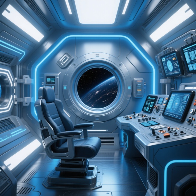 太空舱内部场景，充满未来科技感，金属质感的舱壁，蓝色和白色的灯光，控制台带有多个显示屏，座椅，圆形舷窗可以看到外面的星空预览效果