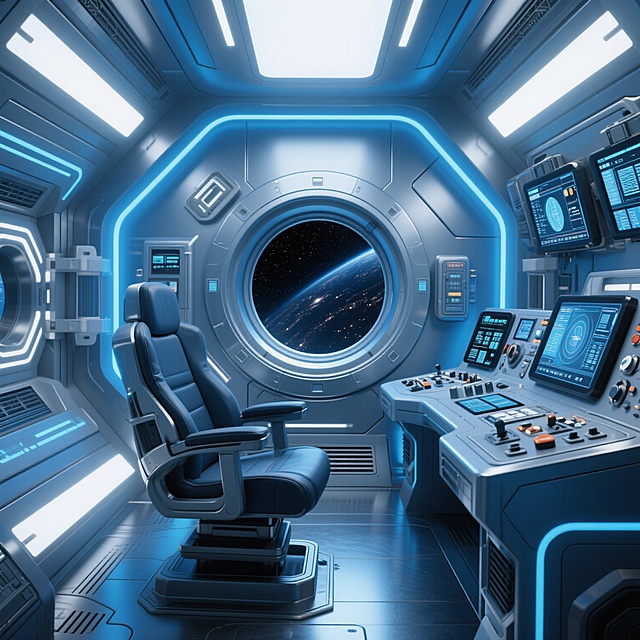 未来感科技舱，3D简约设计，金属与玻璃元素融合，虚拟现实视窗展现宇宙魅力。