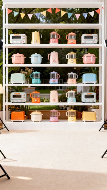 直播间背景图，明亮干净暖色调，主体是多层白色简约置物架，整齐摆放彩色小家电，顶部点缀小彩旗，下方留产品展示空间，温馨居家，高清无水印预览效果