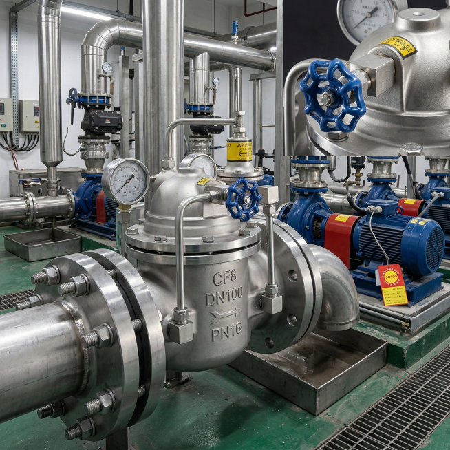 淘宝场景细节图，展示304不锈钢减压阀在工业泵房的安装使用场景，周围搭配管道、水泵等工业设备，氛围真实有质感，特写展示阀门的法兰接口、调压旋钮细节，突出产品的工业适配性和精密工艺预览效果