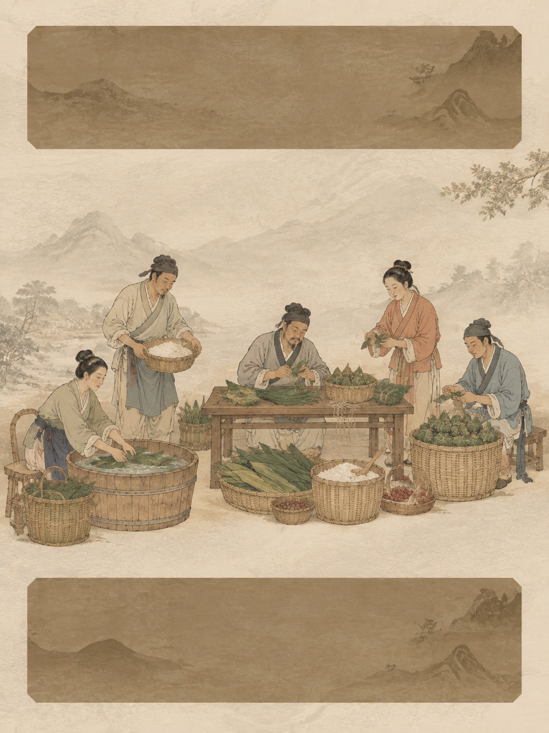 参考原图的新中式海报版式骨架，保留上下两块横向古铜色色块的版式… - 图片创意预览