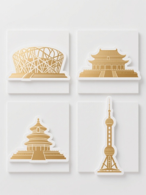 一套4张的系列素材集合，每张素材均为规整排布的单一建筑造型图案，包含鸟巢、故宫、天坛、东方明珠基本元素内容，整体造型简约现代，采用纯色背景。每张图案均为金色磨砂质感的建筑剪影，边缘有白色高光勾勒，建筑细节进行了几何化简化处理，保持对称平衡的构图，背景为纯白色，无其他装饰元素，整体呈现出简洁、大气、具有现代设计感的视觉效果。预览效果