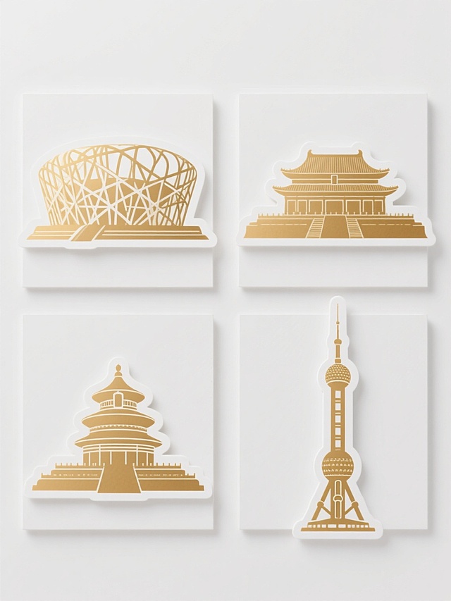 一套4张的系列素材集合，每张素材均为规整排布的单一建筑造型图案，包含鸟巢、故宫、天坛、东方明珠基本元素内容，整体造型简约现代，采用纯色背景。每张图案均为金色磨砂质感的建筑剪影，边缘有白色高光勾勒，建筑细节进行了几何化简化处理，保持对称平衡的构图，背景为纯白色，无其他装饰元素，整体呈现出简洁、大气、具有现代设计感的视觉效果。