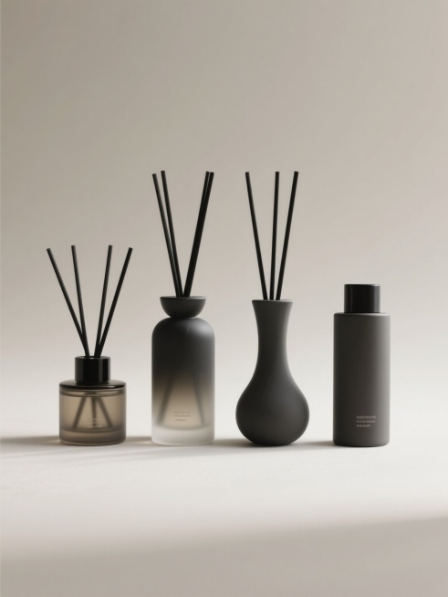 四个不同造型的现代简约风格香薰产品，以规整矩阵排布于纯色背景上，香薰瓶身设计简洁，色彩沉稳，搭配黑色扩香棒，整体呈现出极简、干净、高级的视觉效果，无任何文字、logo及水印，光线柔和，阴影细腻，突出产品的材质感与形态美。预览效果