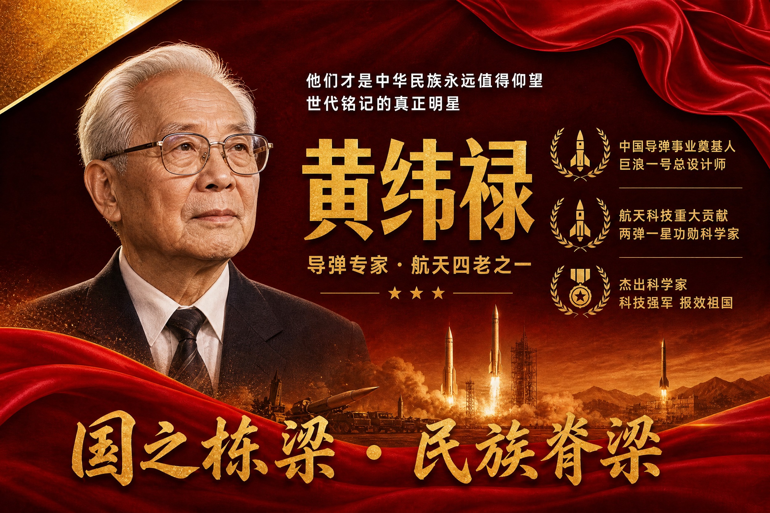 横版国之栋梁人物挂画海报，黄纬禄主题，参考图版式风格复刻，红金… - 图片创意预览