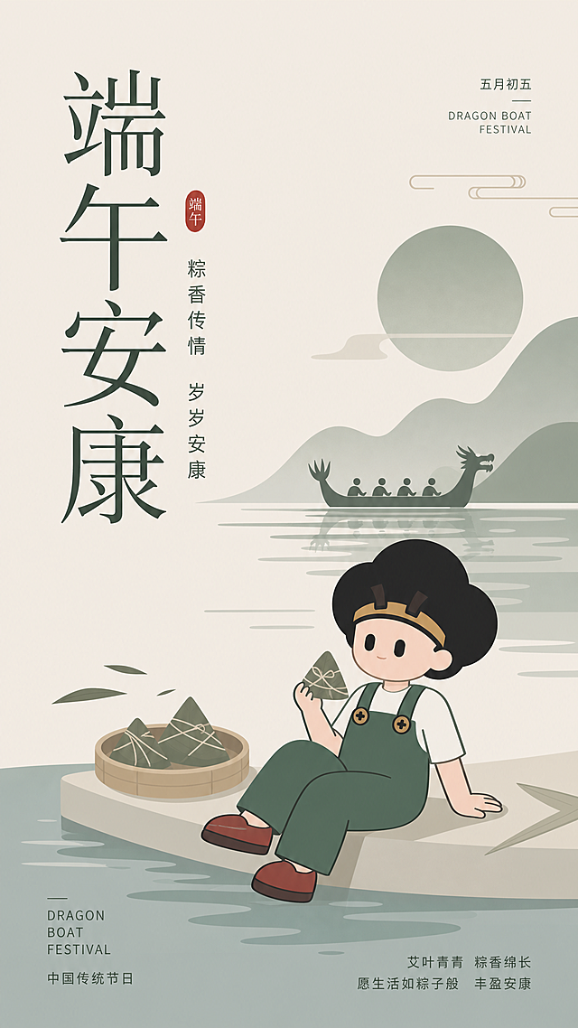 简约低饱和莫兰迪色调设计端午节封面，简约MBE风格，去除莲花元素，保持简约高级质感，使用第二张图IP形象，保留标题文字，融入粽子和龙舟端午元素，设计成熟高级，降低卡通可爱感
